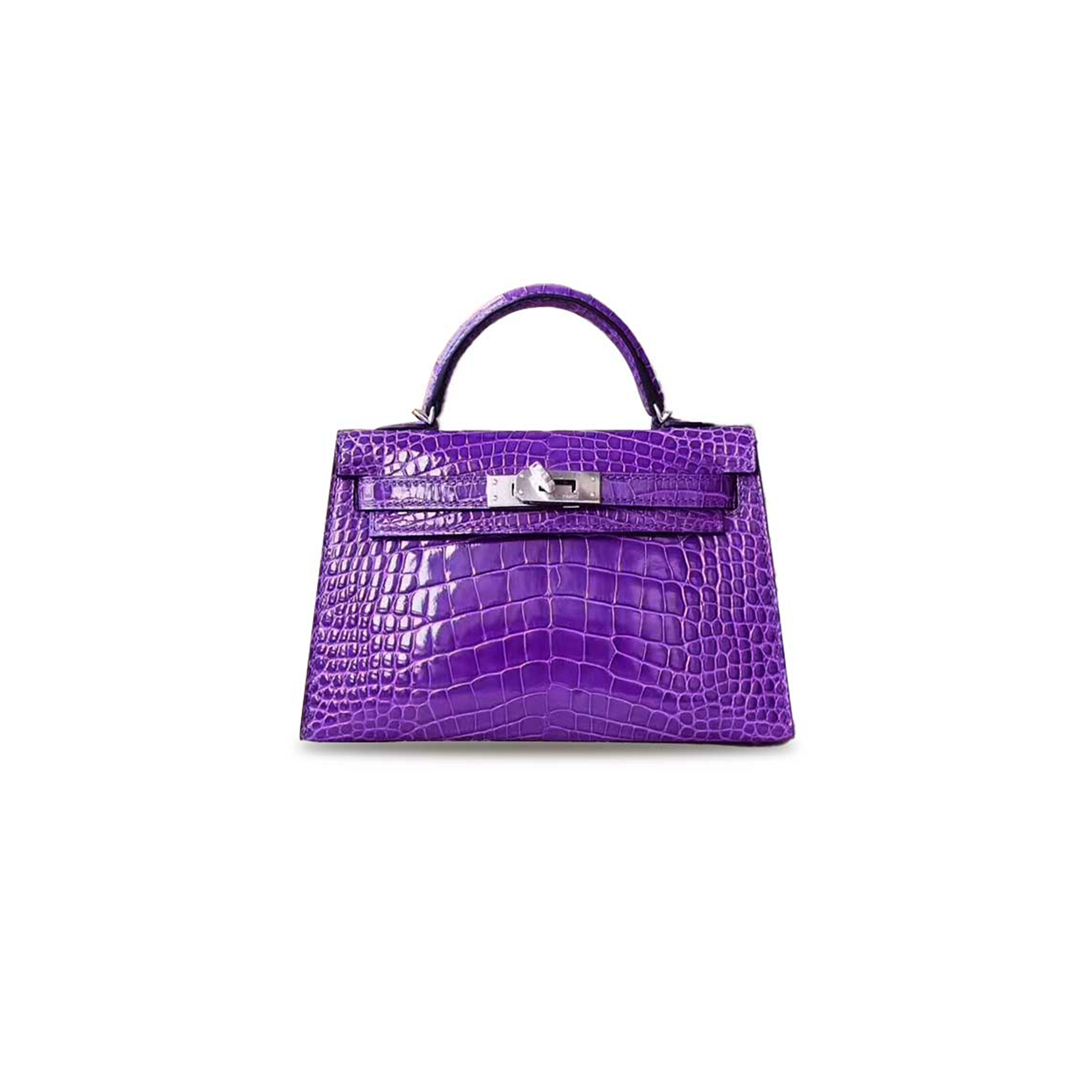 HERMÈS MASTER MINI KELLY II GLOSSY CROCODILE LEATHER EXTREME PURPLE FANTASY PURPLE SILVER BUCKLE (19*12*5.5cm)